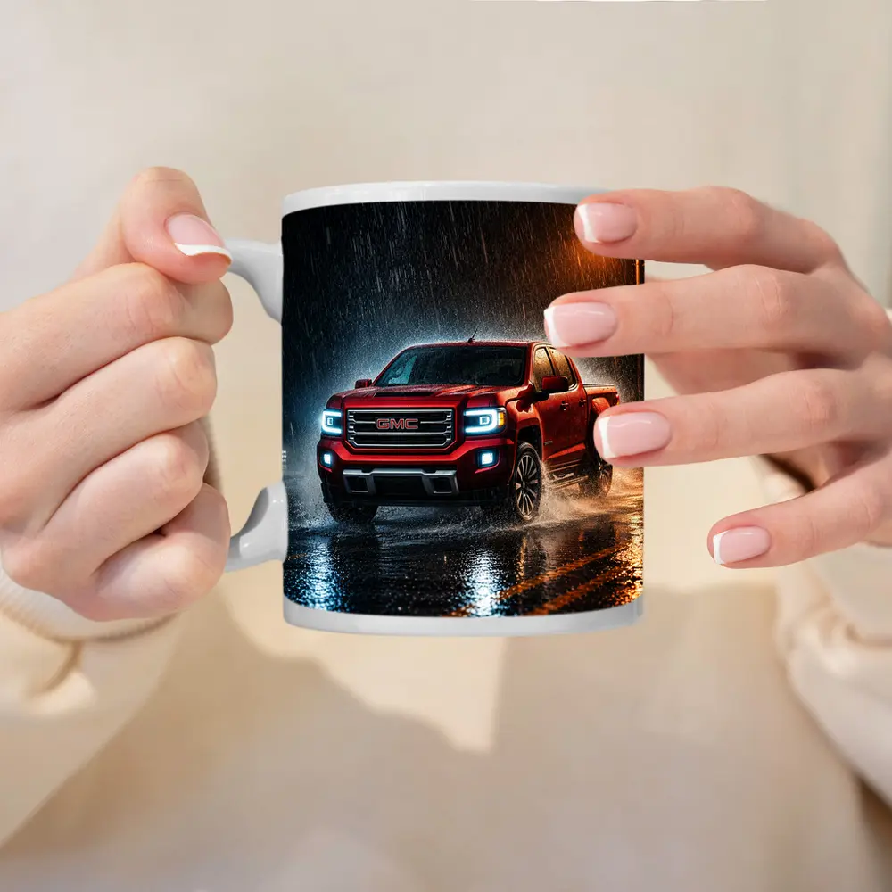 GMC Canyon Red Truck Driving in Rain – Mugs
