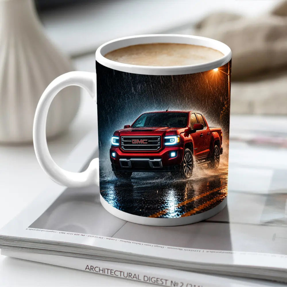 GMC Canyon Red Truck Driving in Rain – Mugs