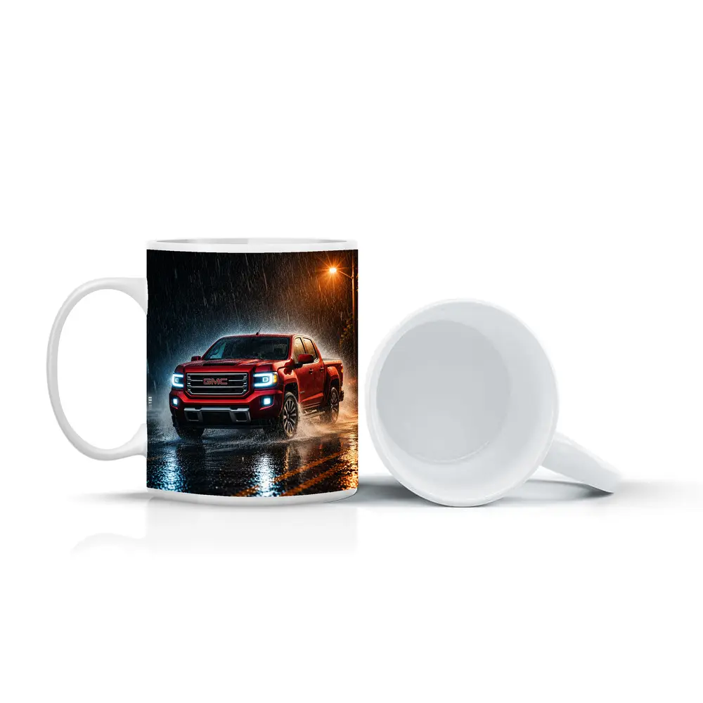 GMC Canyon Red Truck Driving in Rain – Mugs