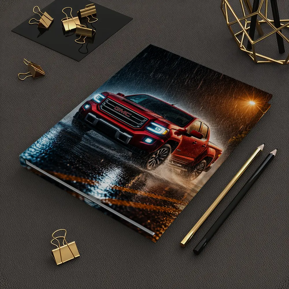 GMC Canyon Red Truck Driving in Rain – Notebooks