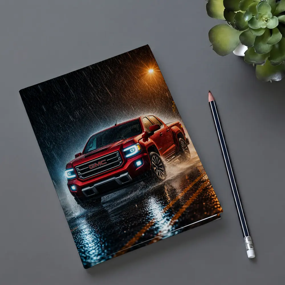 GMC Canyon Red Truck Driving in Rain – Notebooks