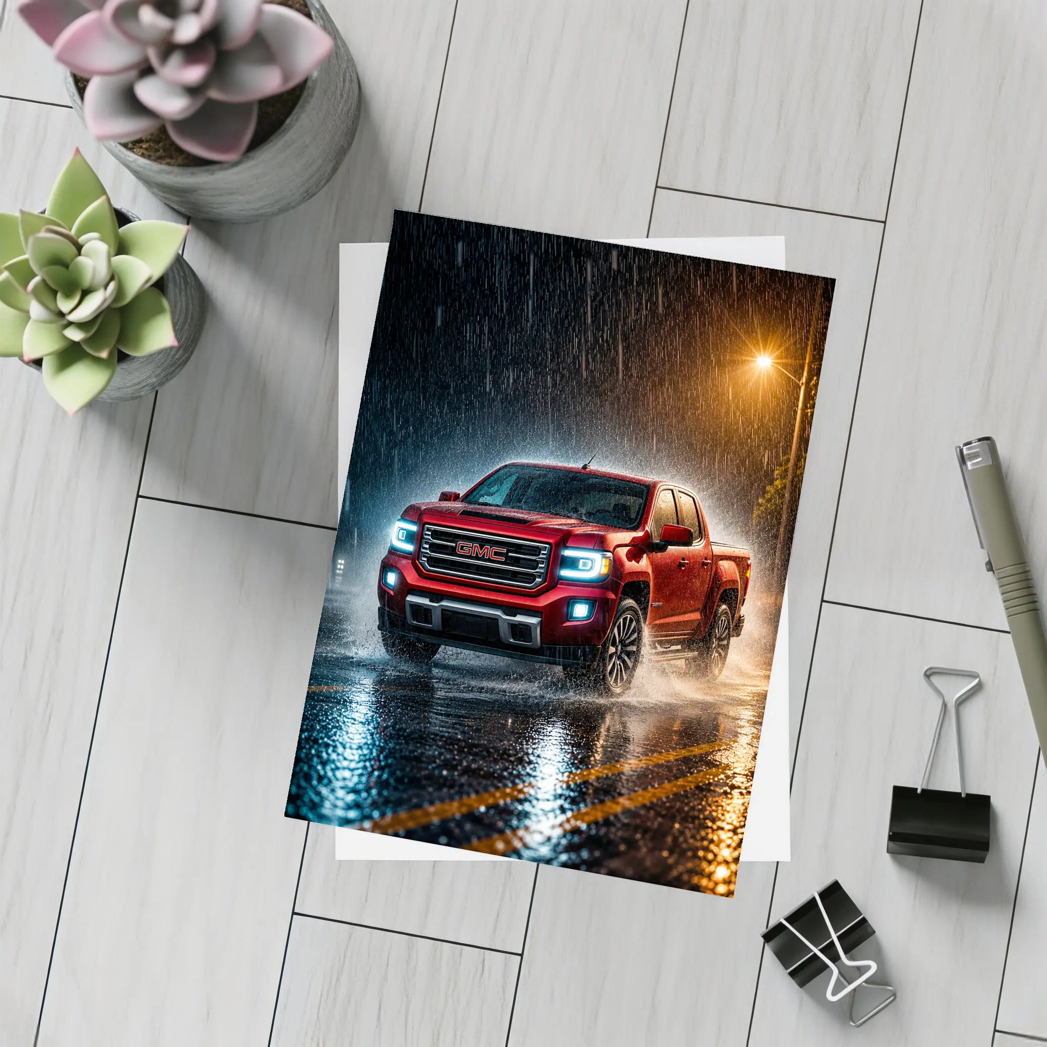 GMC Canyon Red Truck Driving in Rain – Postcards