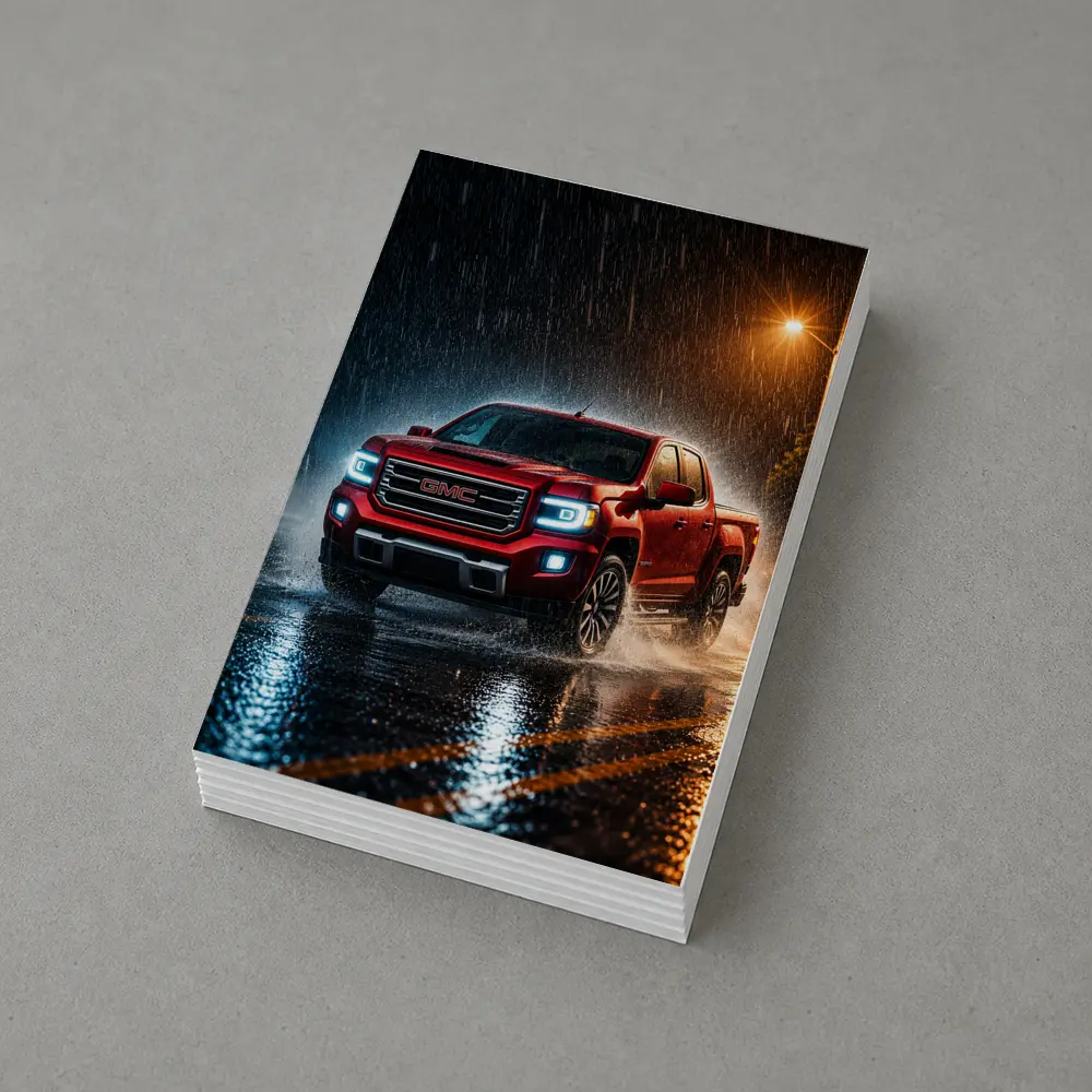 GMC Canyon Red Truck Driving in Rain – Postcards