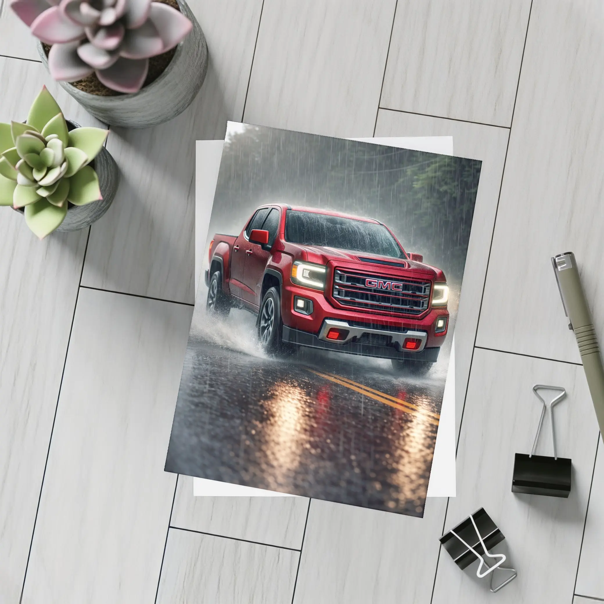 GMC Canyon Truck Driving In Heavy Rain – Postcards