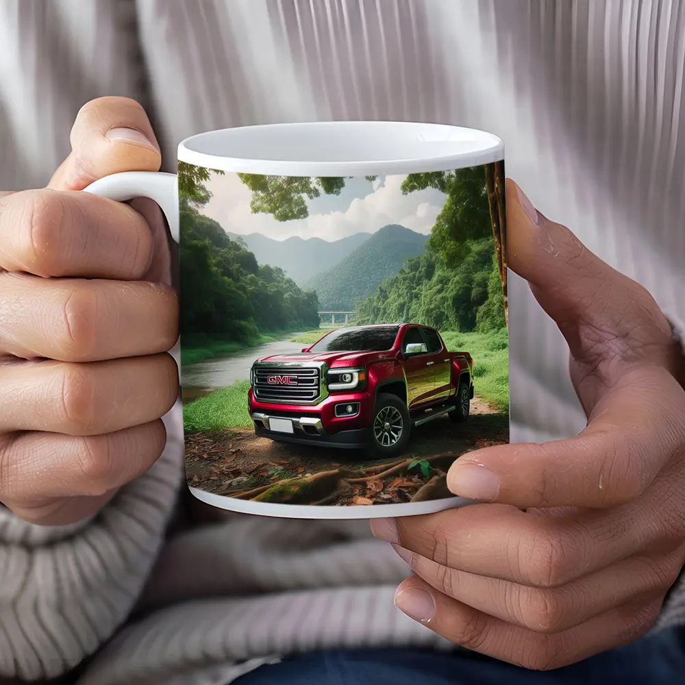 GMC Canyon Red Truck Forest River Setting – Mugs