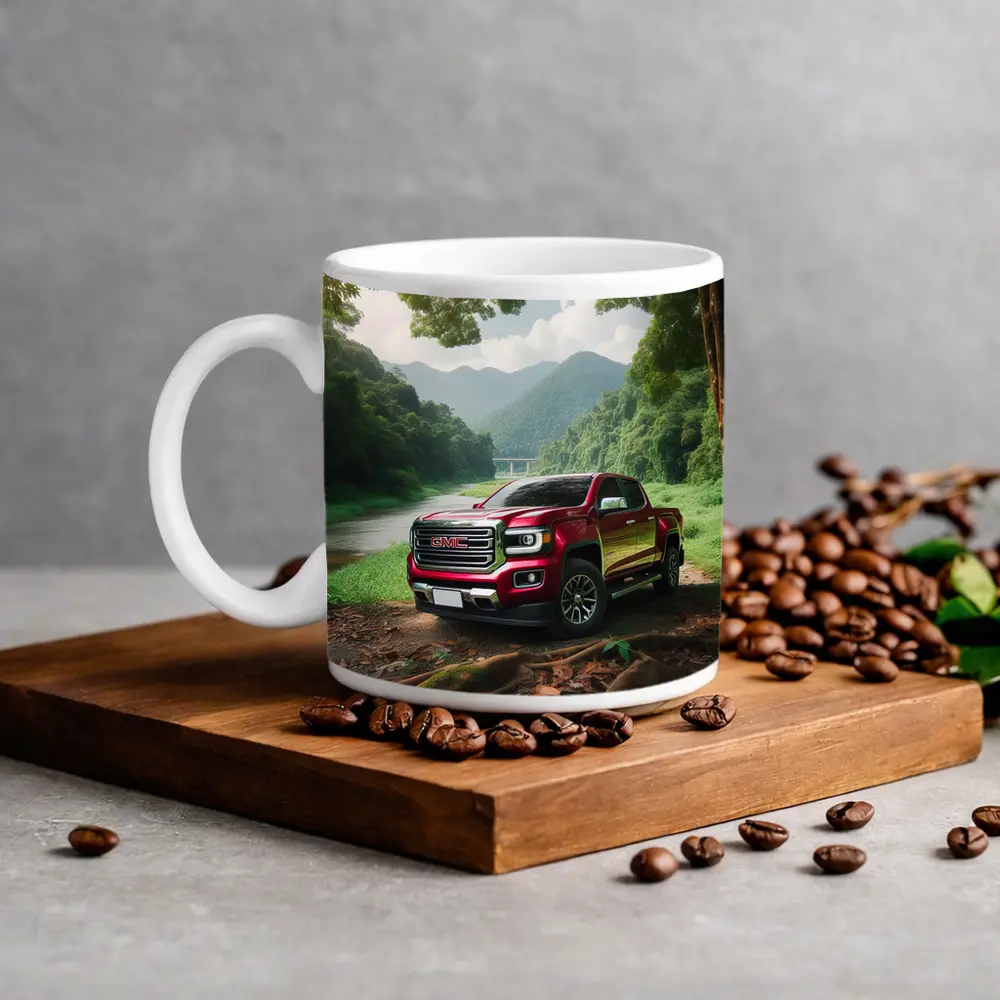 GMC Canyon Red Truck Forest River Setting – Mugs