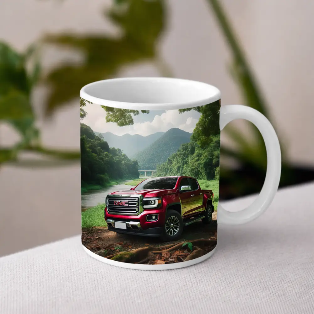 GMC Canyon Red Truck Forest River Setting – Mugs