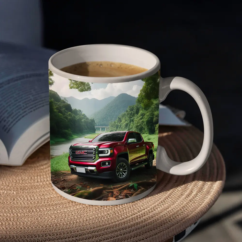 GMC Canyon Red Truck Forest River Setting – Mugs