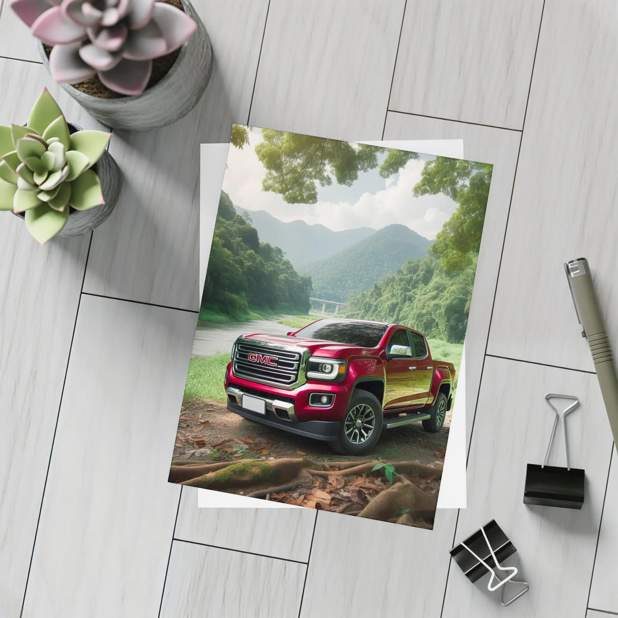 GMC Canyon Red Truck Forest River Setting – Postcards