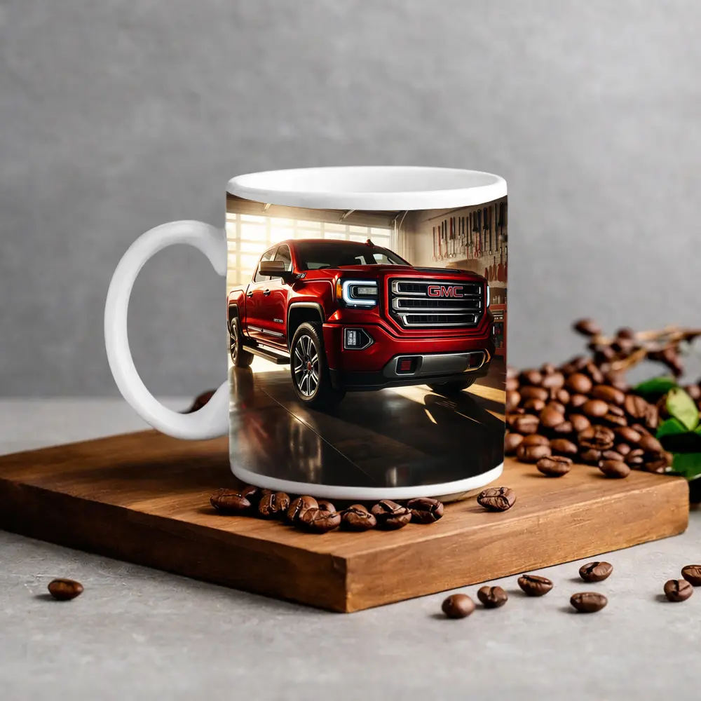 GMC Sierra Red Truck Garage Setting – Mugs