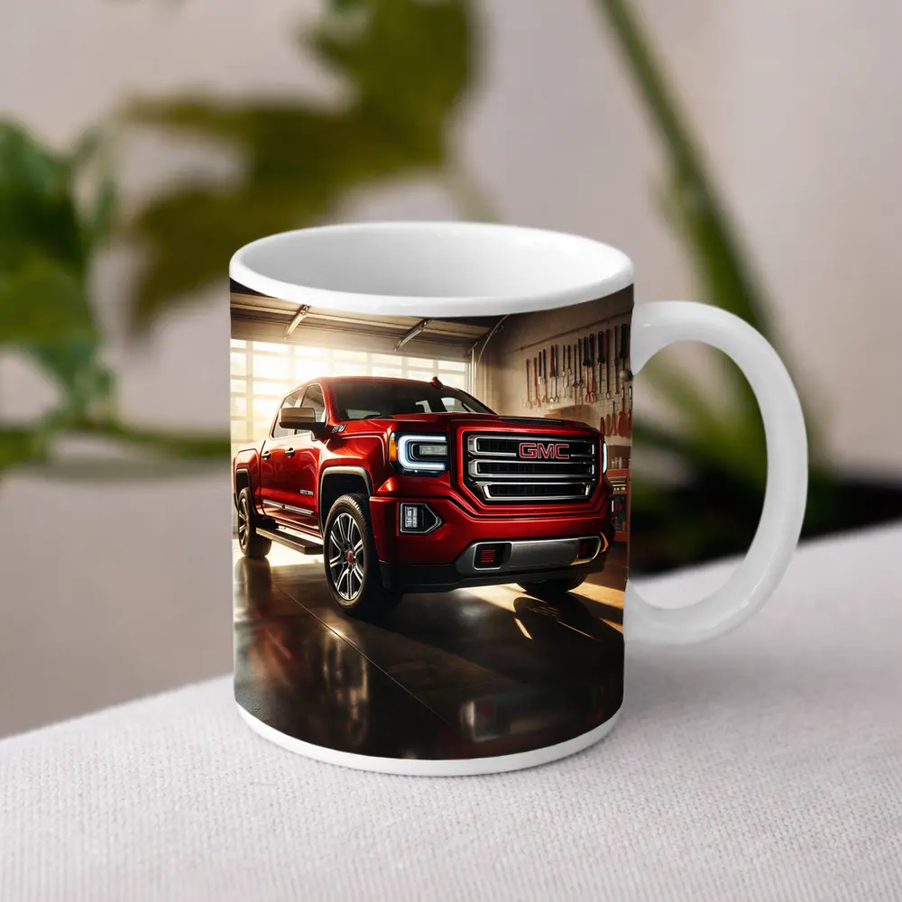 GMC Sierra Red Truck Garage Setting – Mugs