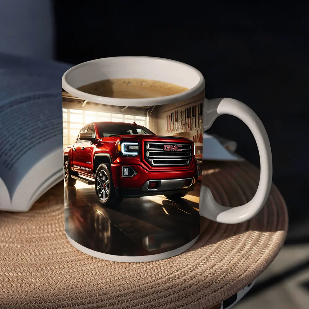 GMC Sierra Red Truck Garage Setting – Mugs