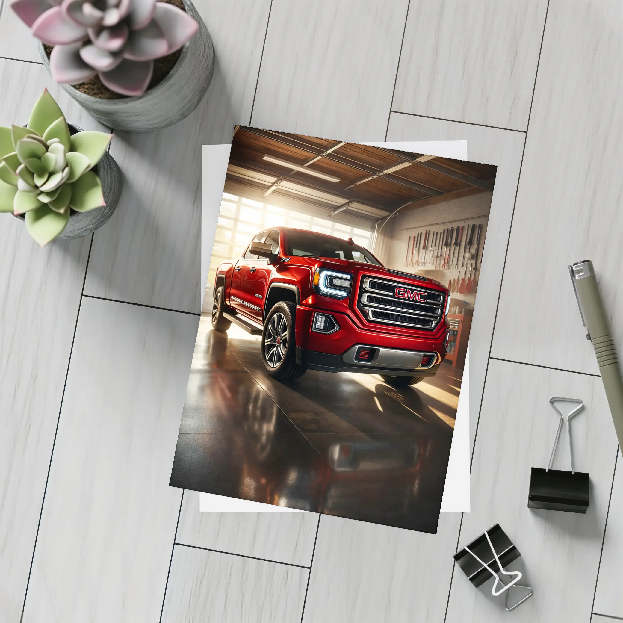 GMC Sierra Red Truck Garage Setting – Postcards