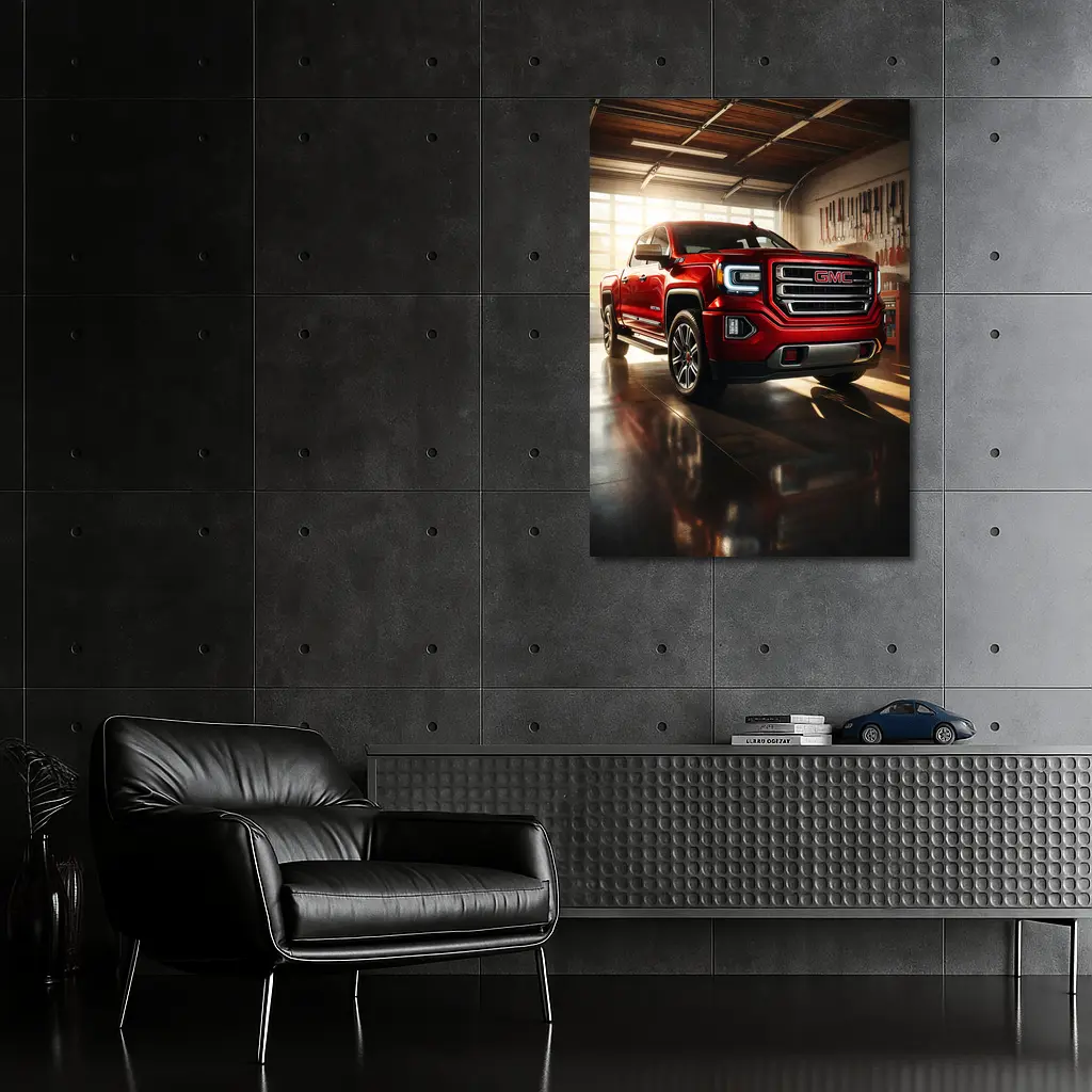 GMC Sierra Red Truck Garage Setting – Wall Art