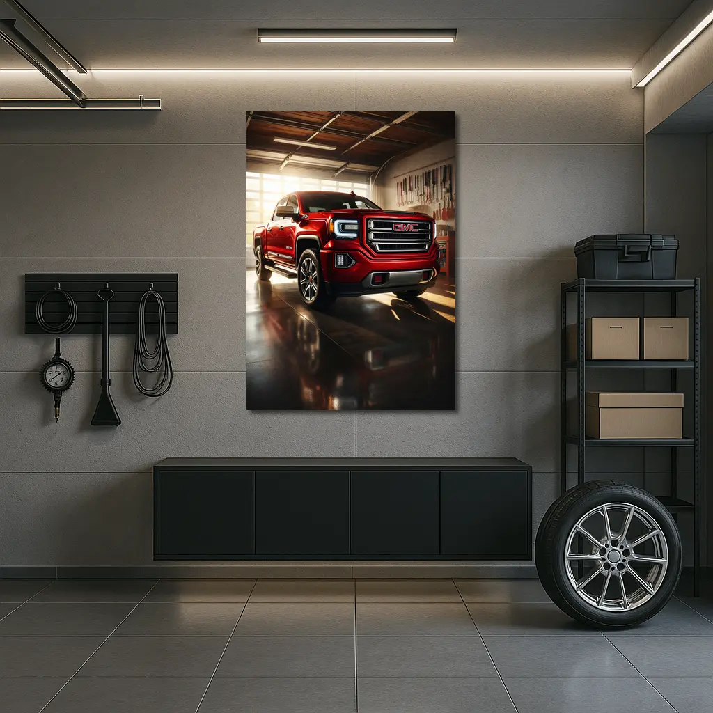 GMC Sierra Red Truck Garage Setting – Wall Art