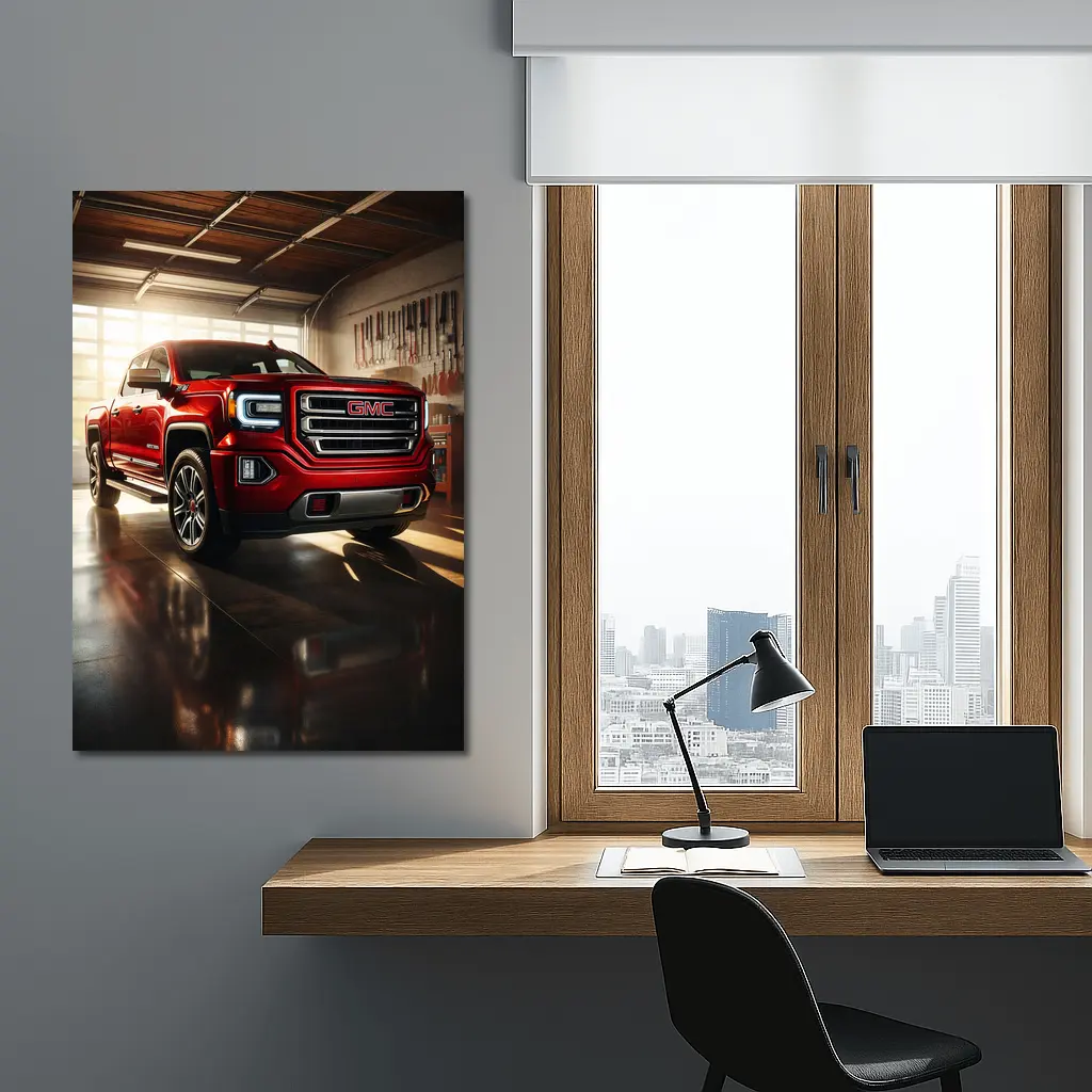 GMC Sierra Red Truck Garage Setting – Wall Art