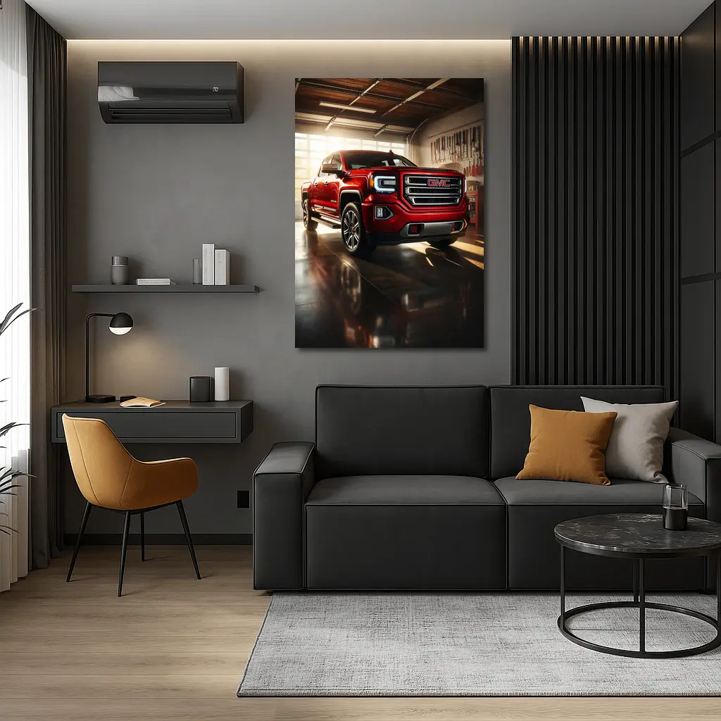GMC Sierra Red Truck Garage Setting – Wall Art