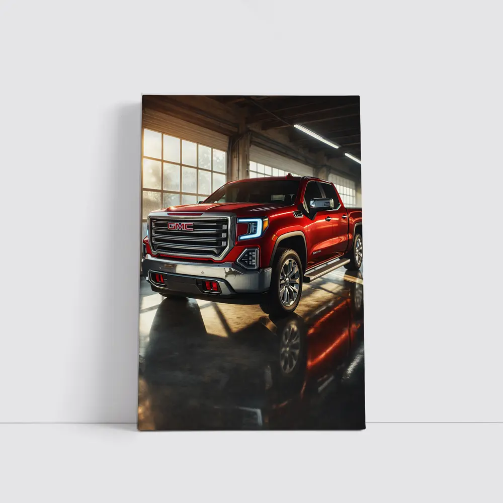 GMC Sierra Red Truck Garage Setting – Wall Art