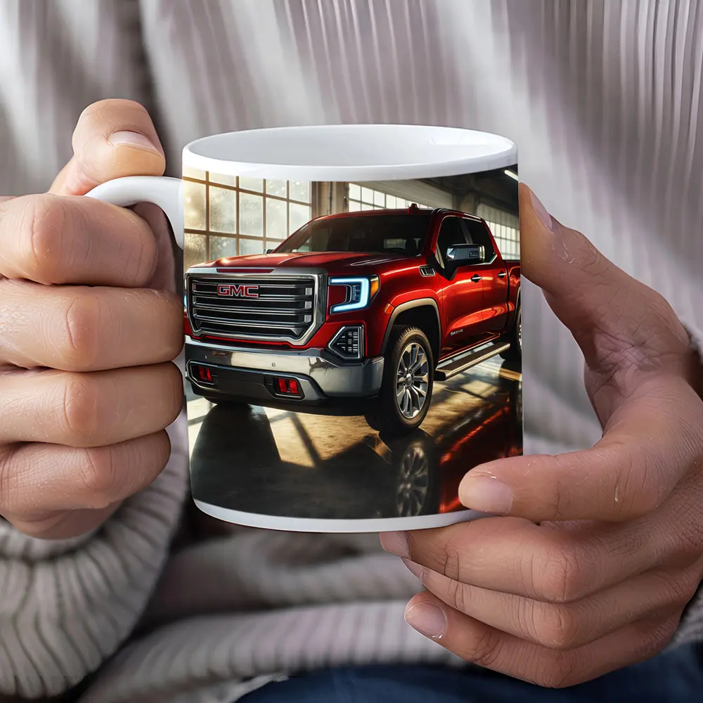 GMC Sierra Red Truck Garage Setting – Mugs