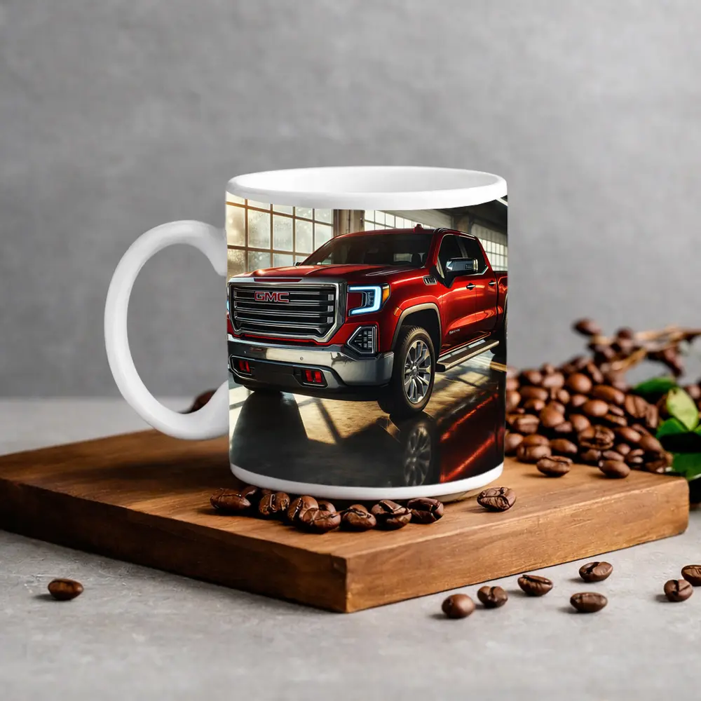 GMC Sierra Red Truck Garage Setting – Mugs