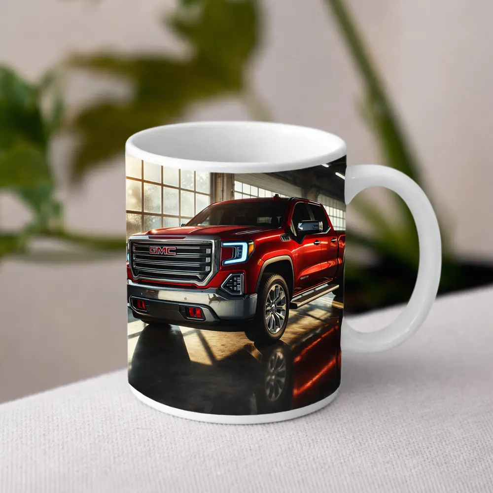GMC Sierra Red Truck Garage Setting – Mugs