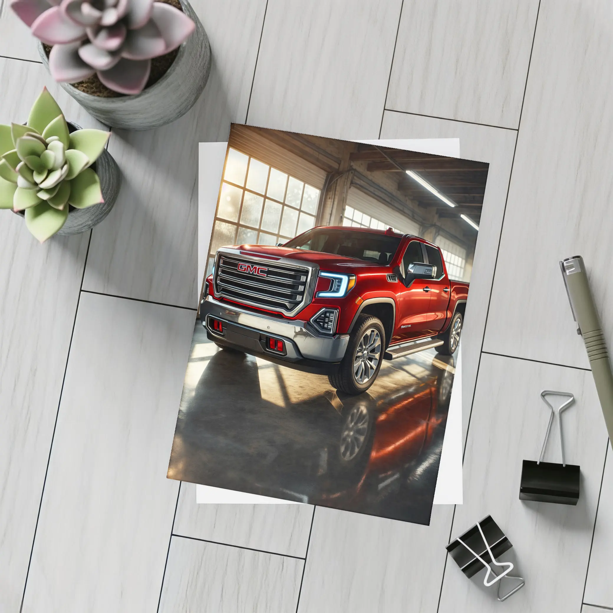 GMC Sierra Red Truck Garage Setting – Postcards