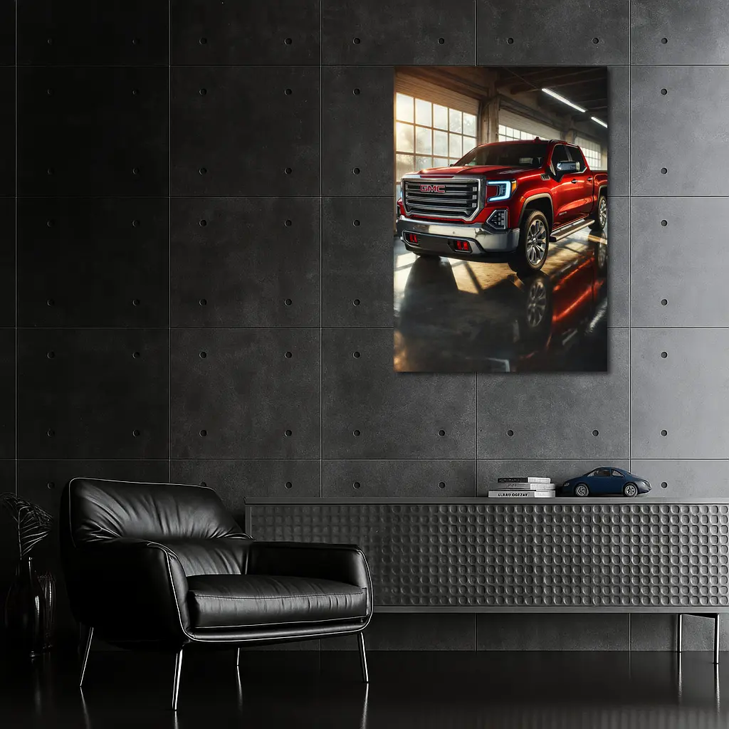 GMC Sierra Red Truck Garage Setting – Wall Art