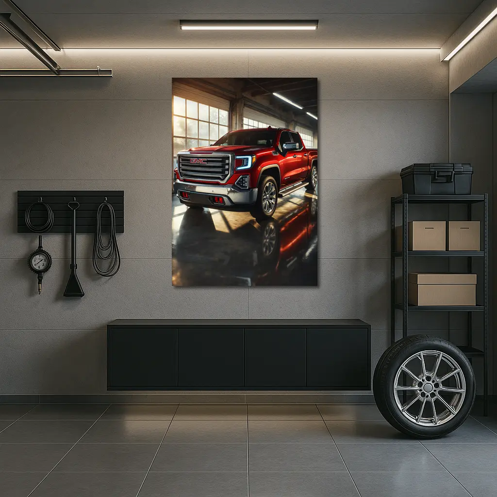 GMC Sierra Red Truck Garage Setting – Wall Art