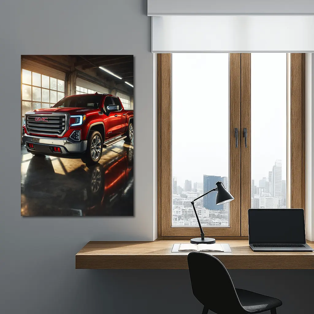 GMC Sierra Red Truck Garage Setting – Wall Art
