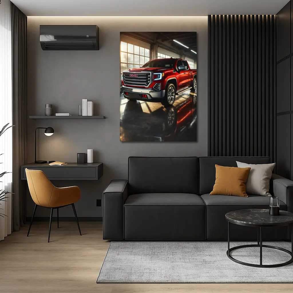 GMC Sierra Red Truck Garage Setting – Wall Art