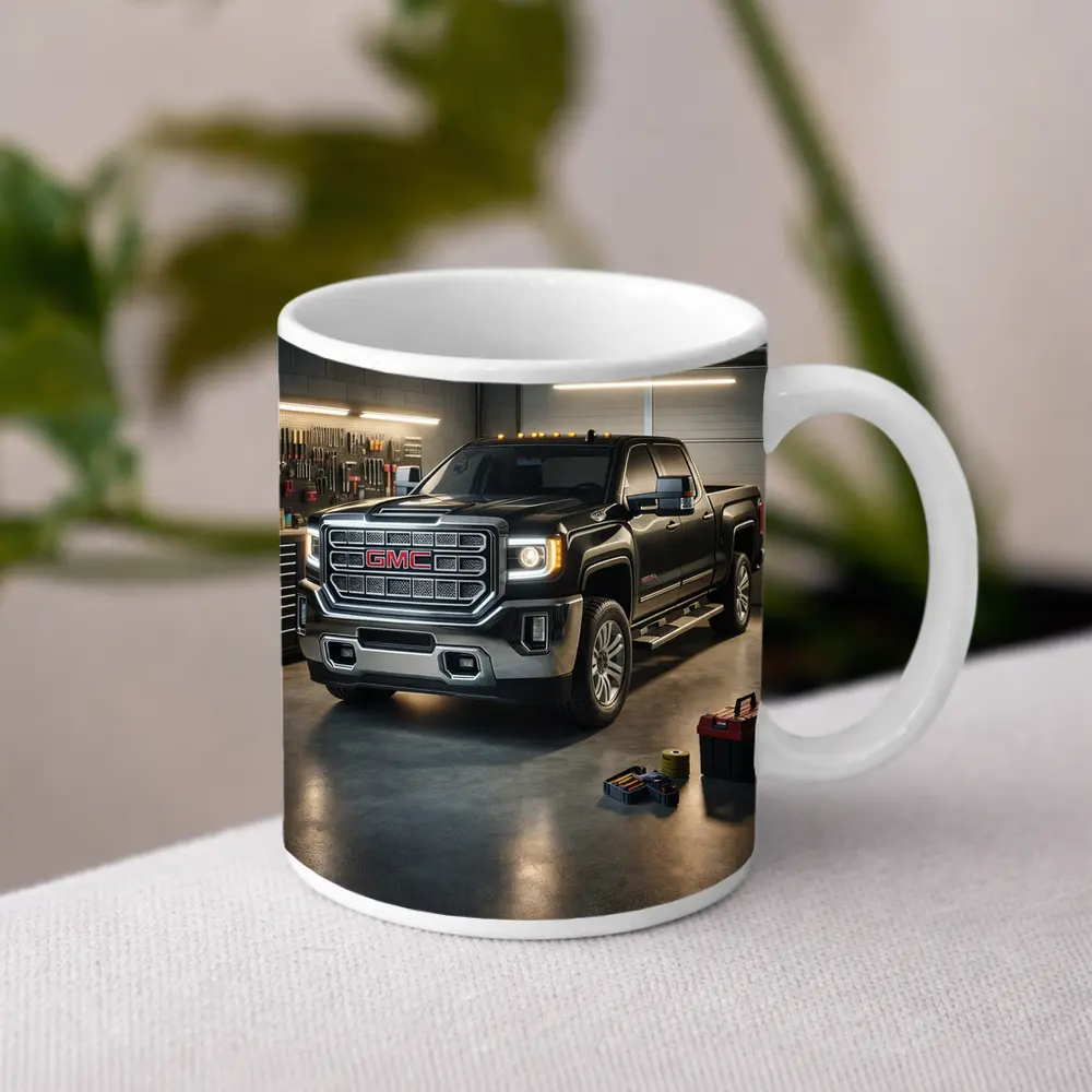 GMC Sierra Black Truck Inside Garage – Mugs