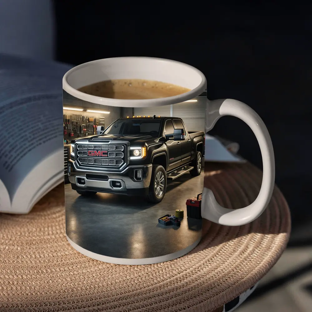 GMC Sierra Black Truck Inside Garage – Mugs