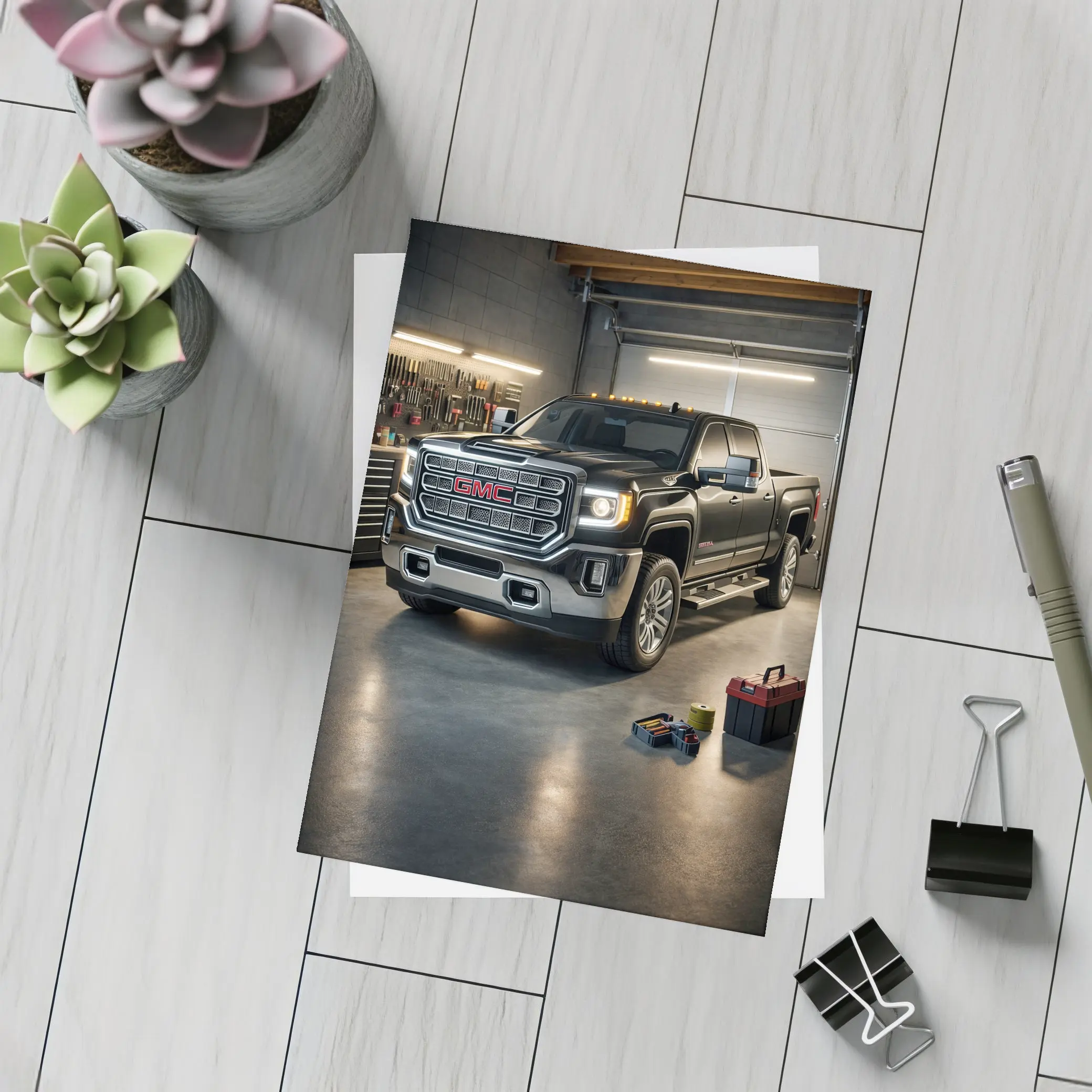 GMC Sierra Black Truck Inside Garage – Postcards