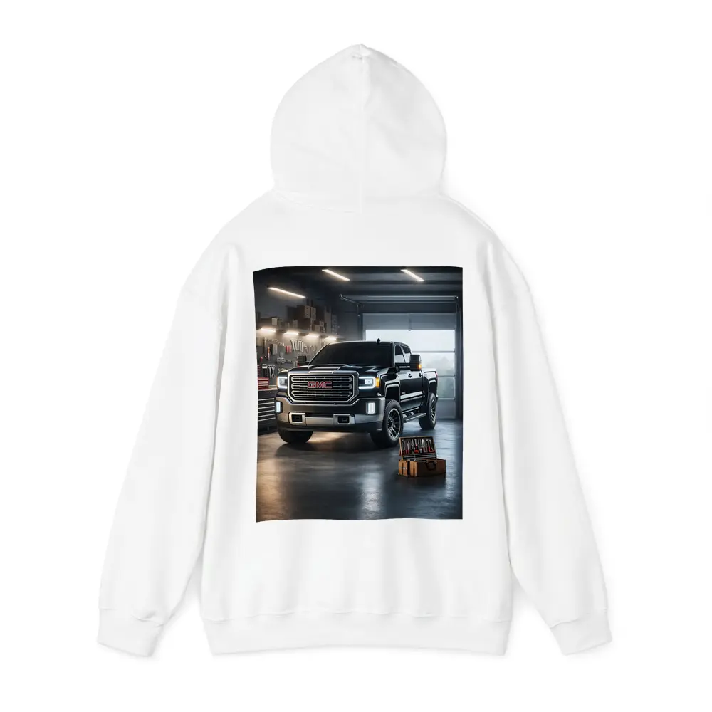 GMC Sierra Truck Black Garage Workshop Scene – Hoodies