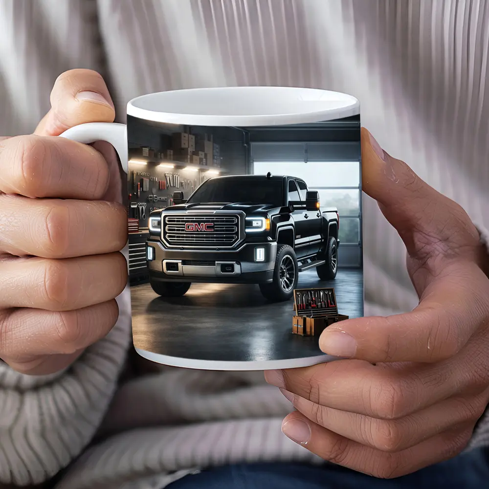 GMC Sierra Truck Black Garage Workshop Scene – Mugs