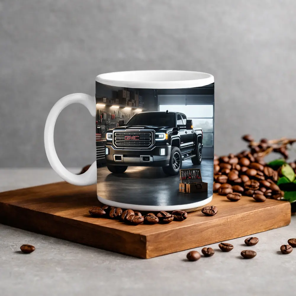 GMC Sierra Truck Black Garage Workshop Scene – Mugs