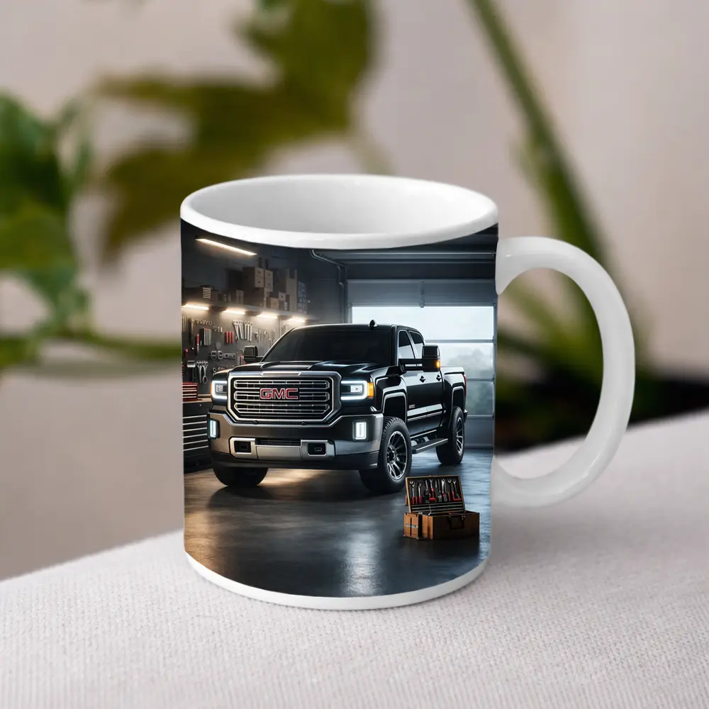 GMC Sierra Truck Black Garage Workshop Scene – Mugs