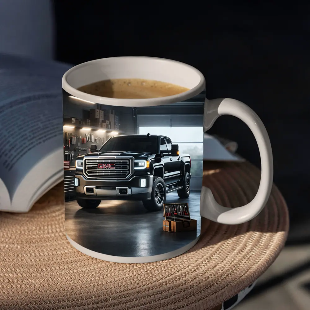 GMC Sierra Truck Black Garage Workshop Scene – Mugs