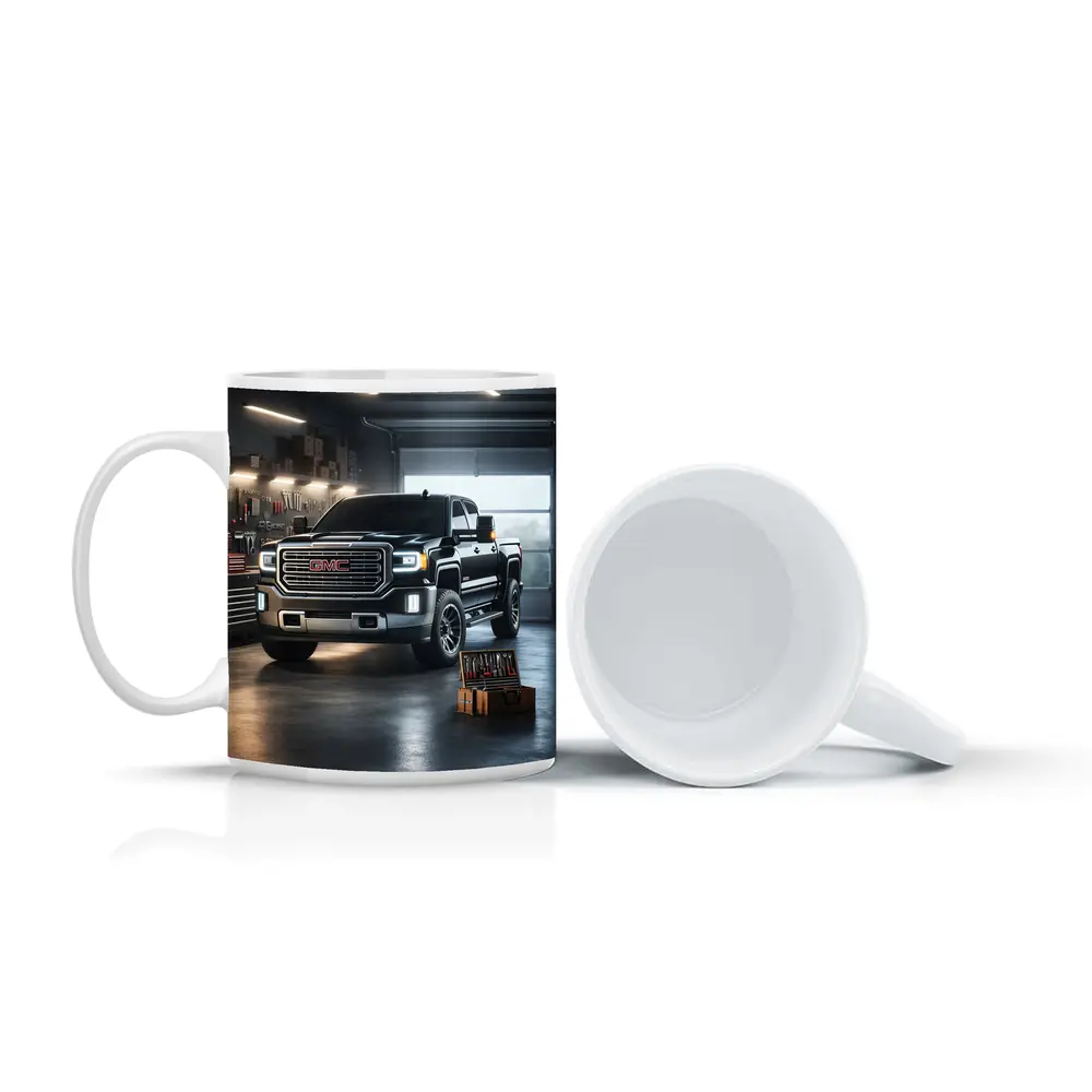 GMC Sierra Truck Black Garage Workshop Scene – Mugs