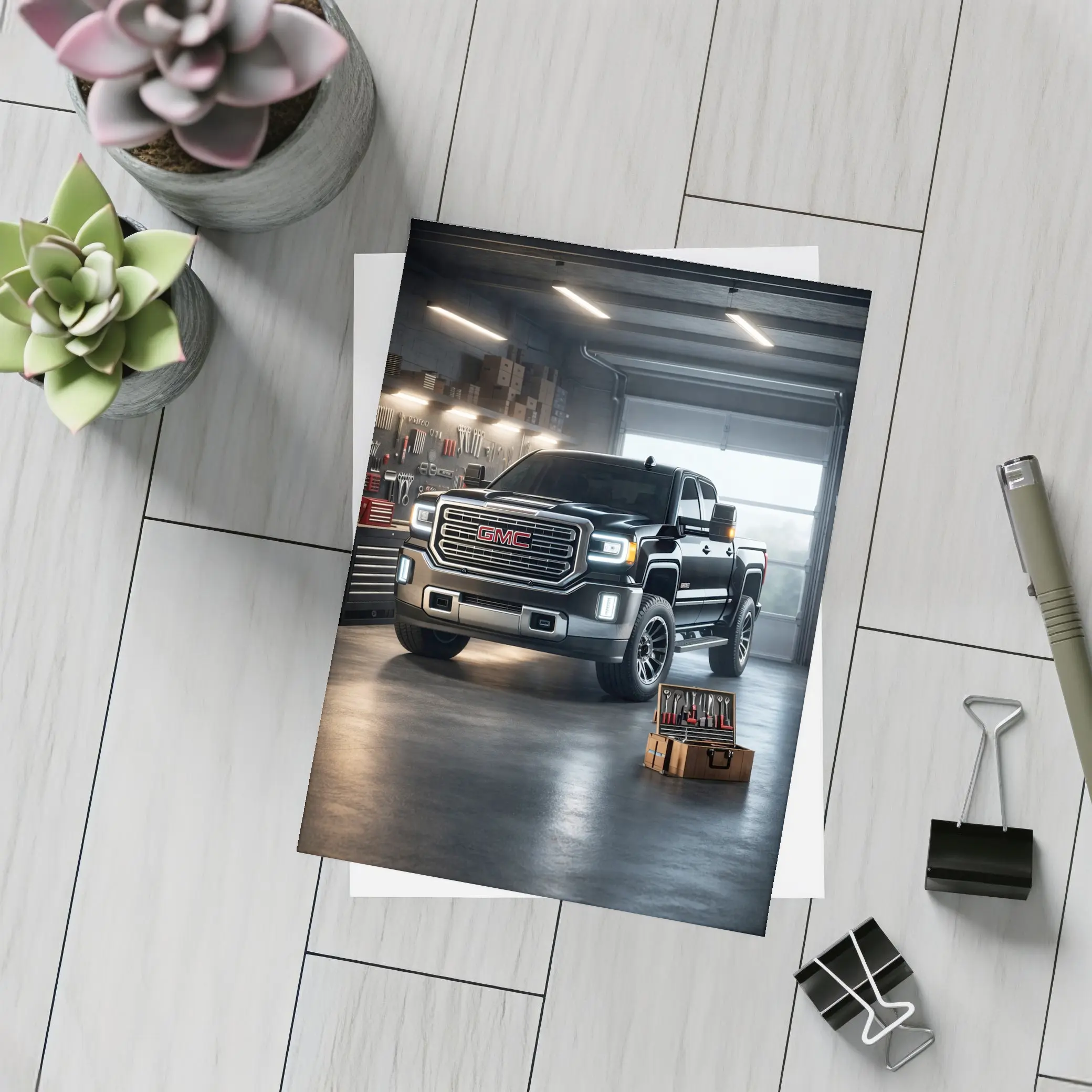 GMC Sierra Truck Black Garage Workshop Scene – Postcards