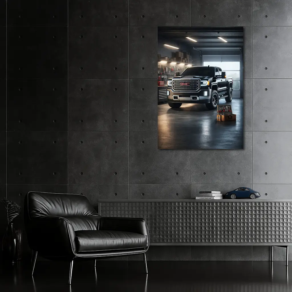 GMC Sierra Truck Black Garage Workshop Scene – Wall Art