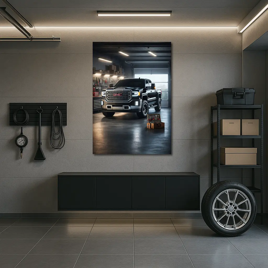 GMC Sierra Truck Black Garage Workshop Scene – Wall Art