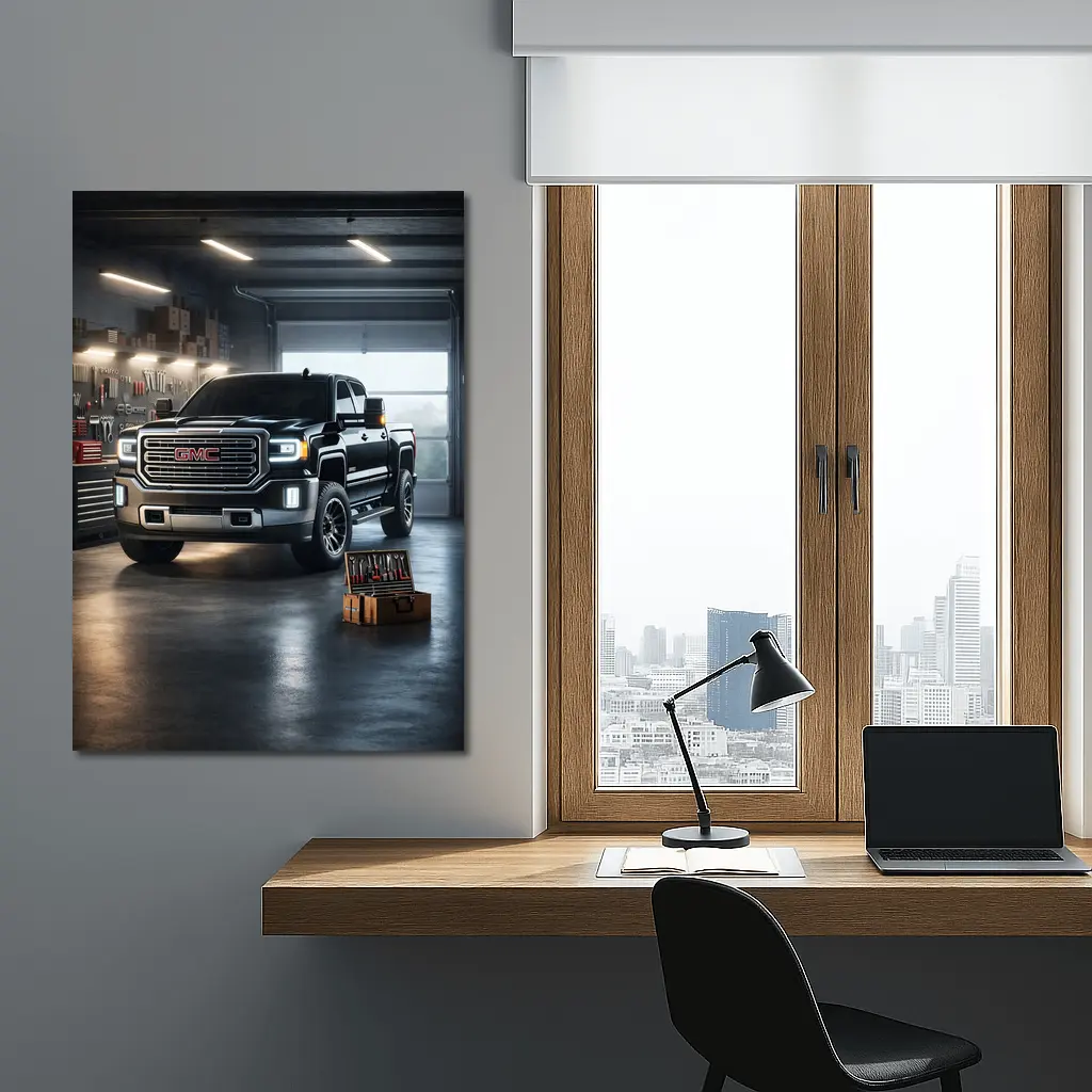 GMC Sierra Truck Black Garage Workshop Scene – Wall Art