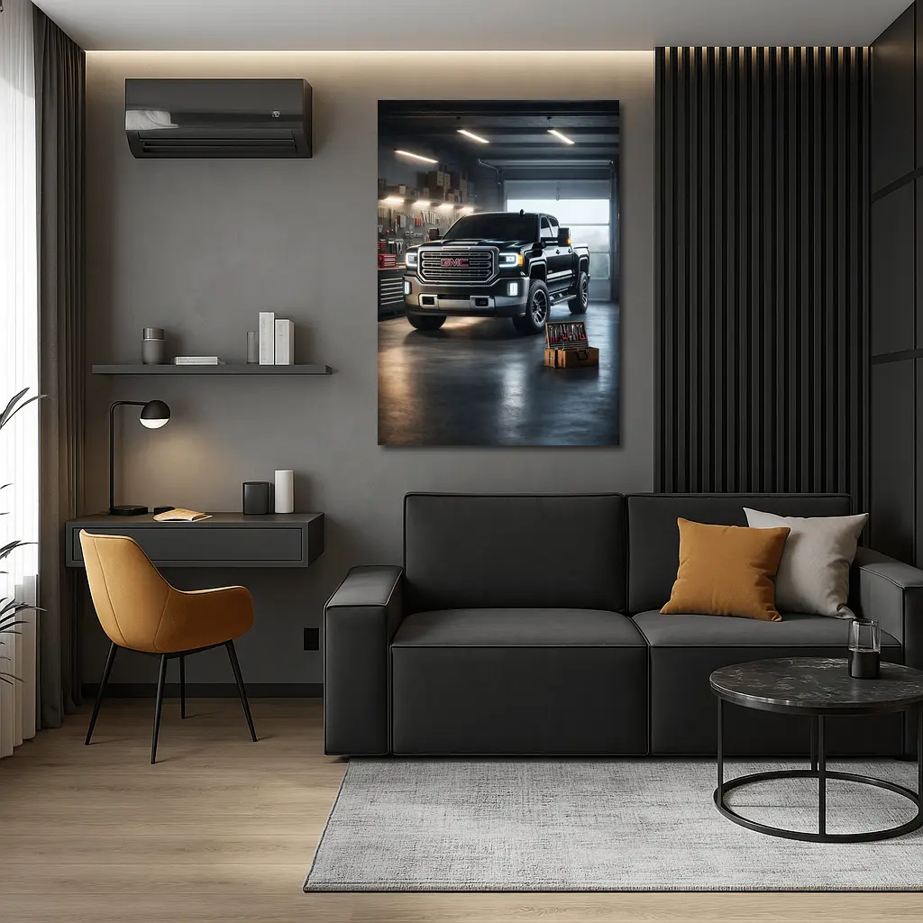 GMC Sierra Truck Black Garage Workshop Scene – Wall Art