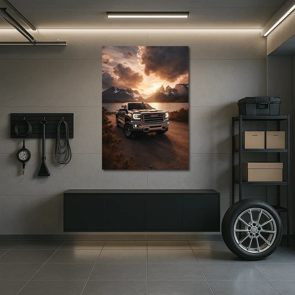 GMC Sierra Truck Mountain Lake Sunset – Wall Art
