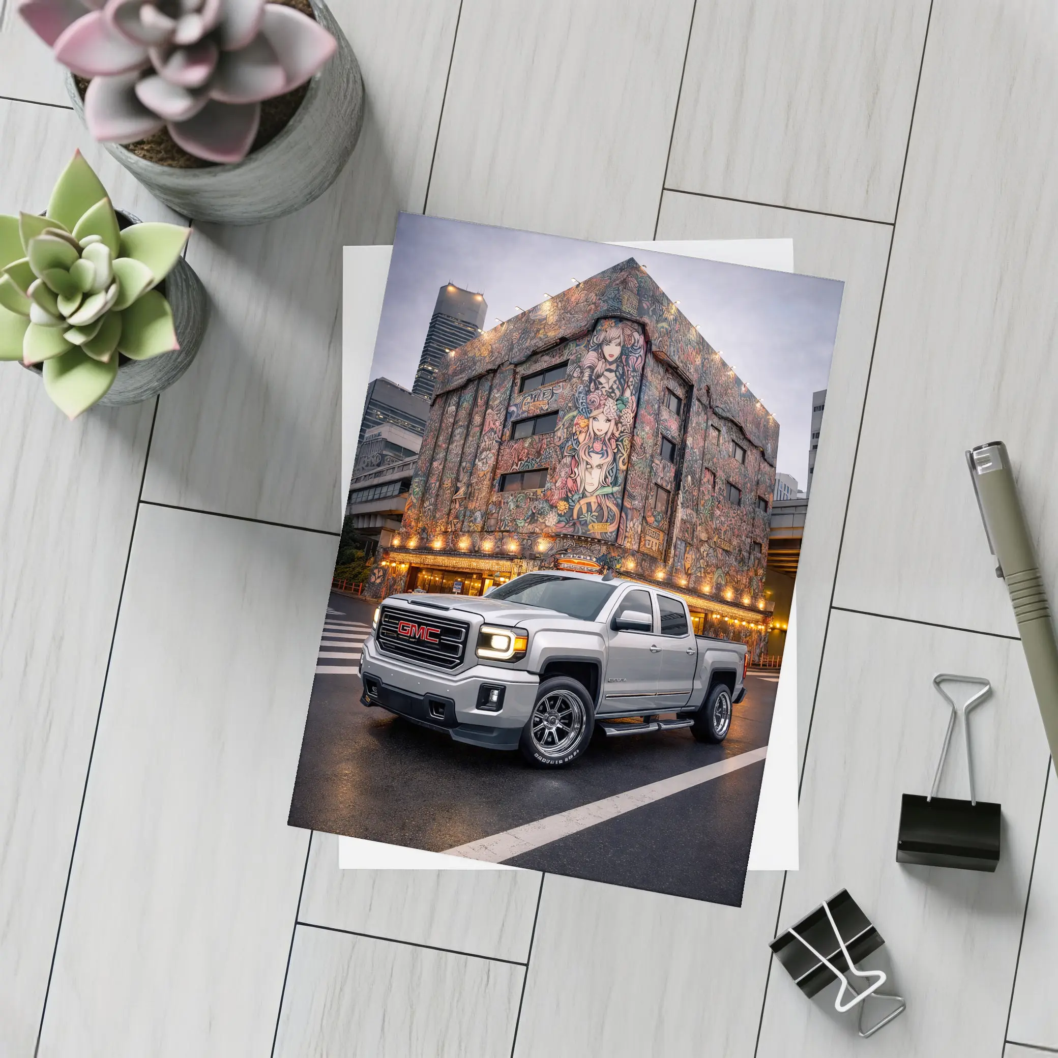 GMC Sierra Truck Parked Near Mural Building – Postcards