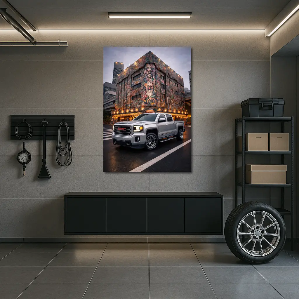 GMC Sierra Truck Parked Near Mural Building – Wall Art