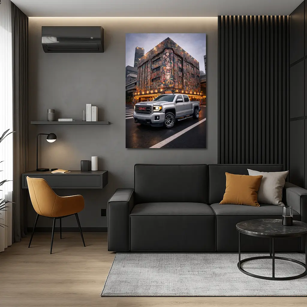 GMC Sierra Truck Parked Near Mural Building – Wall Art