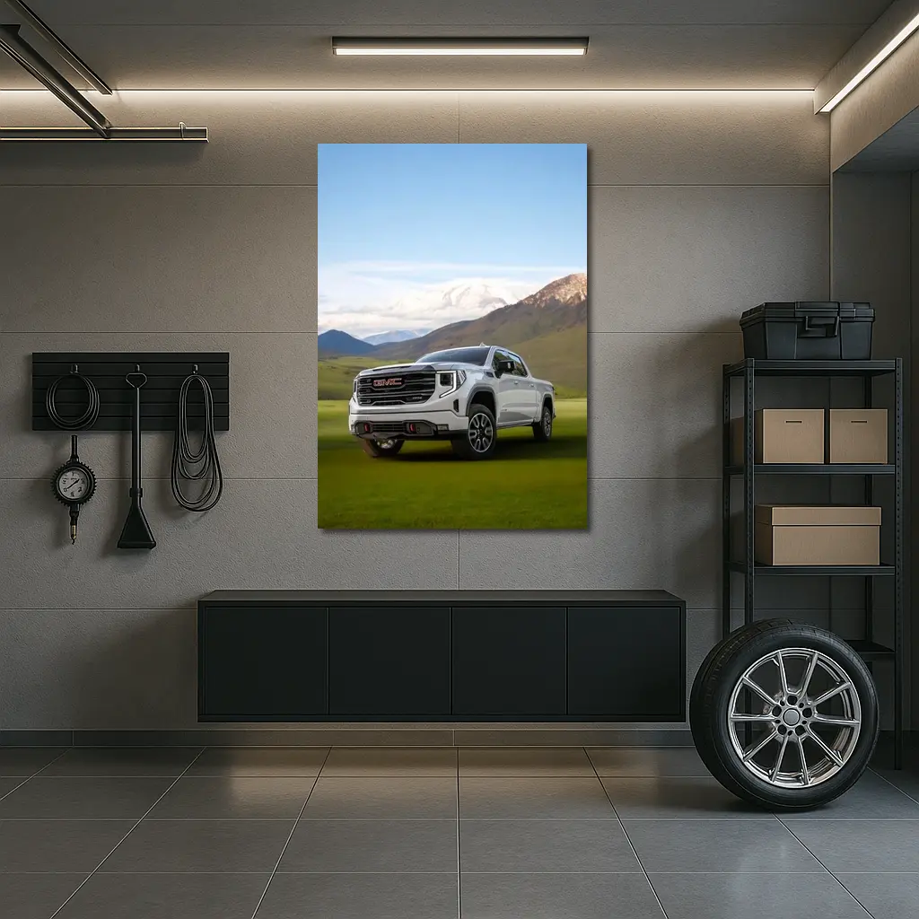 GMC Sierra AT4 White Truck Mountain Meadow – Wall Art