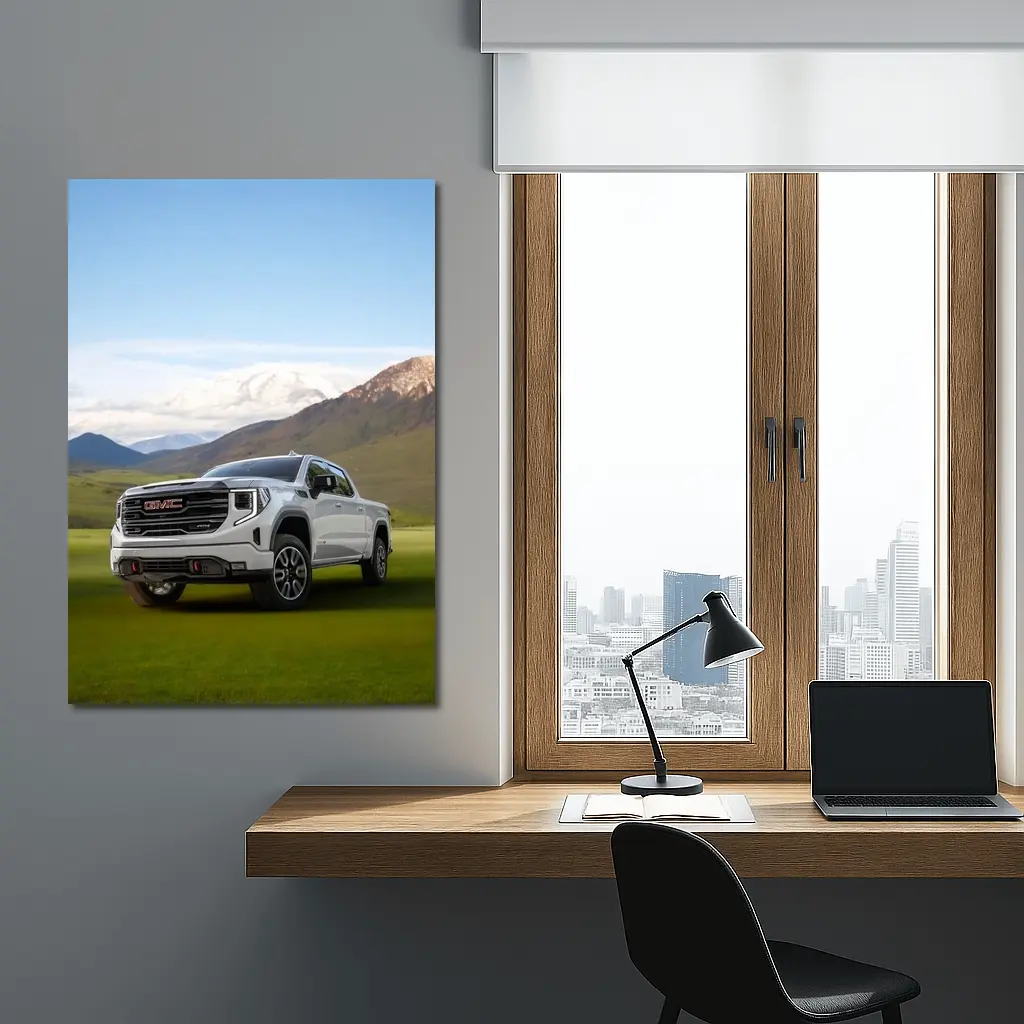 GMC Sierra AT4 White Truck Mountain Meadow – Wall Art